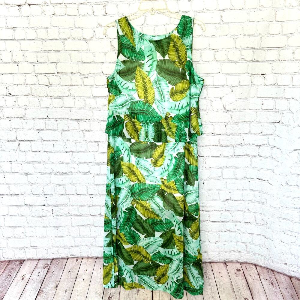 J.Jill Wms Petite L Green Palm Leaf Tropical Maxi Dress Resortwear Party Cruise